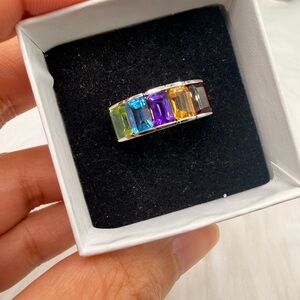 Silver Multi-Gemstone Rectangle Band Ring - Colorful Stones